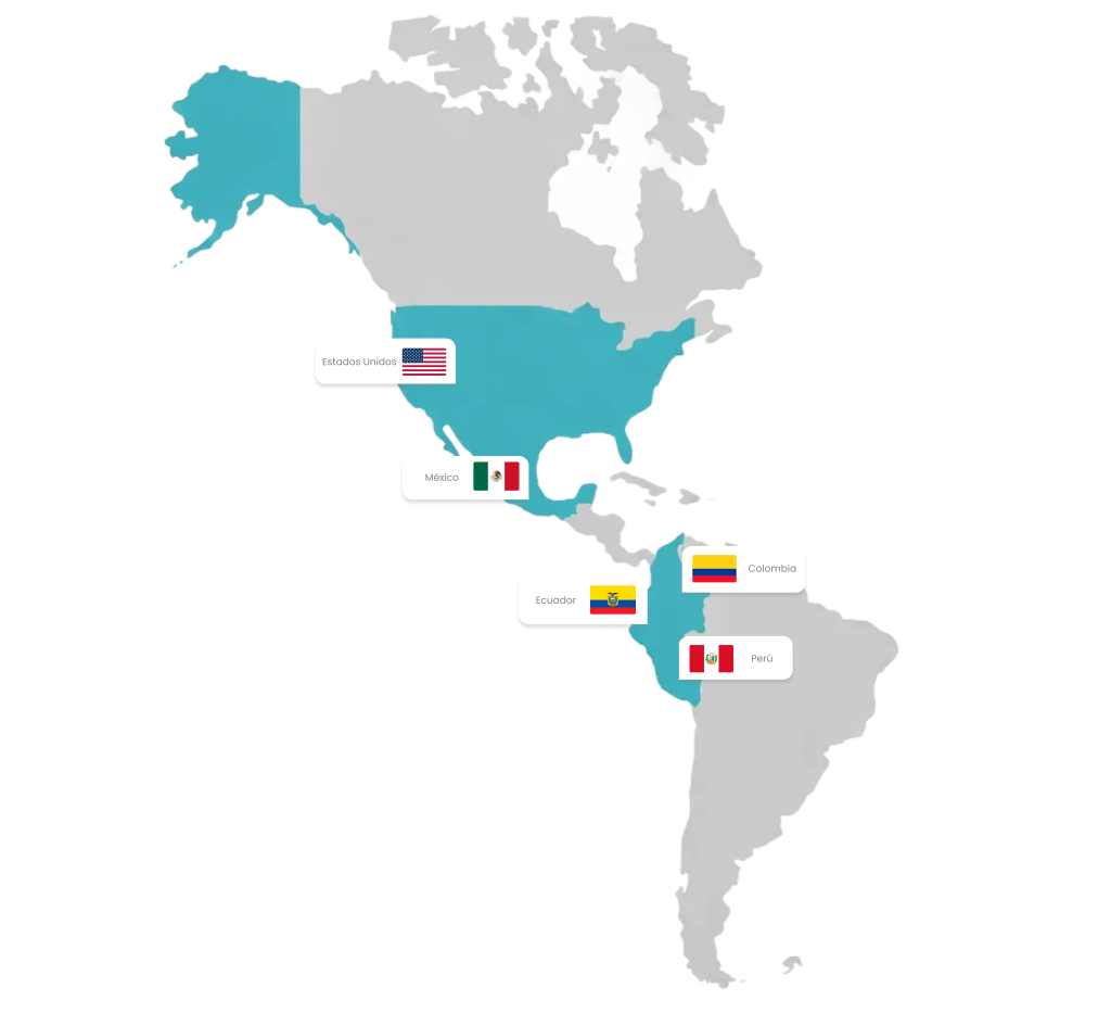 Mapa de América con países destacados en color azul y turquesa.